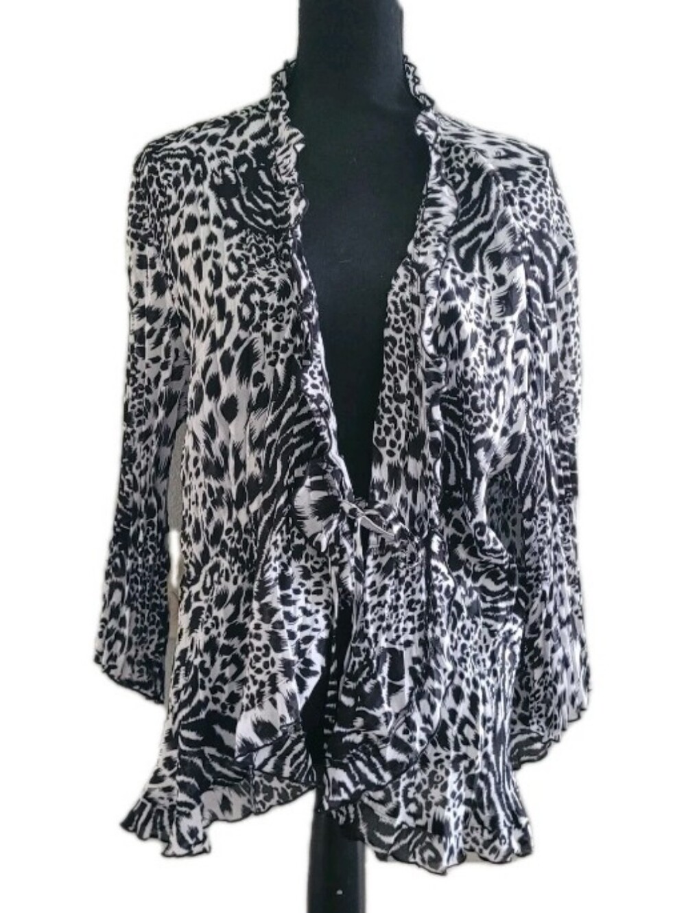 Notations 90's Sheer Animal Print Babydoll Blouse Front Knot Closure 3XL Ruffle